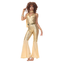 Retro 1970s Hip Hop Disco Rock Golden Jumpsuit 4 Piece Set Cosplay Outfits Halloween Party Suit