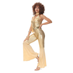 Retro 1970s Hip Hop Disco Rock Golden Jumpsuit 4 Piece Set Cosplay Outfits Halloween Party Suit