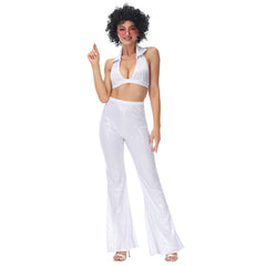 Retro 1970s Hip Hop Disco White Women Casual Outfits 2 Piece Set Cosplay Halloween Party Suit