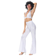 Retro 1970s Hip Hop Disco White Women Casual Outfits 2 Piece Set Cosplay Halloween Party Suit