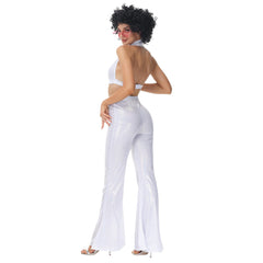 Retro 1970s Hip Hop Disco White Women Casual Outfits 2 Piece Set Cosplay Halloween Party Suit