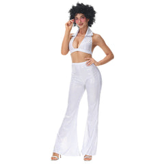 Retro 1970s Hip Hop Disco White Women Casual Outfits 2 Piece Set Cosplay Halloween Party Suit