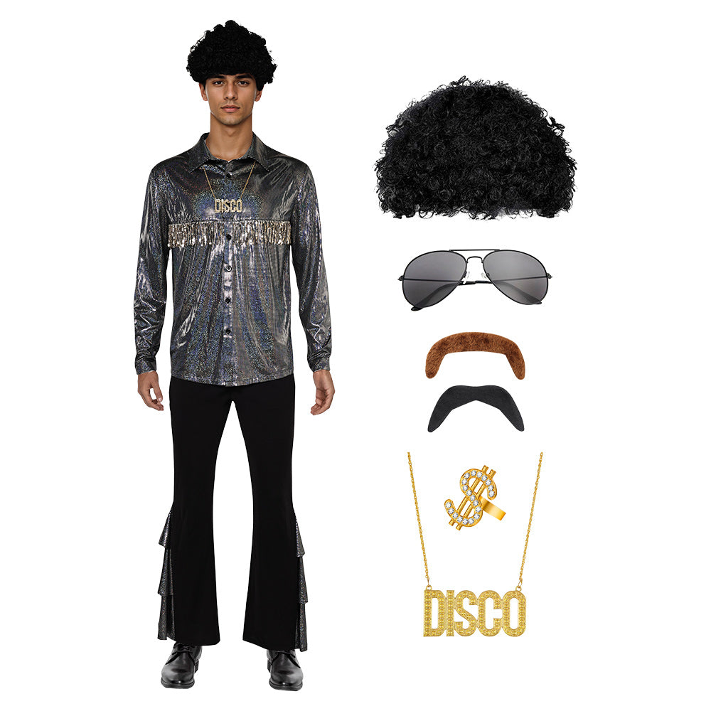 Retro 1970s Men Disco Hip Hop 7 Pieces Glitter Shirt Flared Pants Accessories Set Outfit Halloween Carnival Cosplay Costume