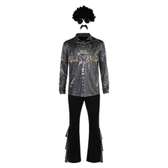 Retro 1970s Men Disco Hip Hop 7 Pieces Glitter Shirt Flared Pants Accessories Set Outfit Halloween Carnival Cosplay Costume