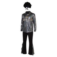 Retro 1970s Men Disco Hip Hop 7 Pieces Glitter Shirt Flared Pants Accessories Set Outfit Halloween Carnival Cosplay Costume