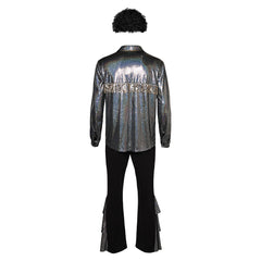 Retro 1970s Men Disco Hip Hop 7 Pieces Glitter Shirt Flared Pants Accessories Set Outfit Halloween Carnival Cosplay Costume