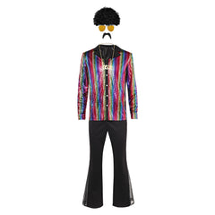 Retro 70S Disco Men Dazzling Shirt Flared Pants 6 Pieces Set Cosplay Outfits Halloween Carnival Suit