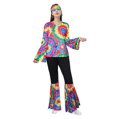 Retro 70s Hip Hop Hippy Colorful Printed 7 Piece Set Cosplay Outfits Halloween Party Suit