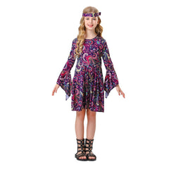 Retro 70s Hip Hop Kids Girls 2 Piece Purple Dress Set Cosplay Outfits Halloween Party Suit