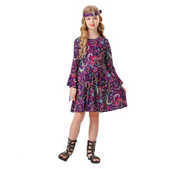 Retro 70s Hip Hop Kids Girls 2 Piece Purple Dress Set Cosplay Outfits Halloween Party Suit