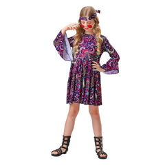 Retro 70s Hip Hop Kids Girls 2 Piece Purple Dress Set Cosplay Outfits Halloween Party Suit