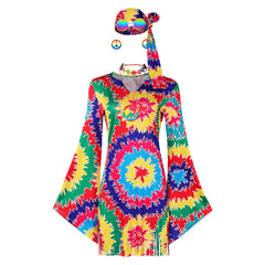 Retro 70s Hip Hop Women Colorful Printed Fringe Dress 7 Piece Set Halloween Cosplay Costume