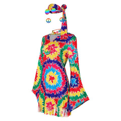 Retro 70s Hip Hop Women Colorful Printed Fringe Dress 7 Piece Set Halloween Cosplay Costume