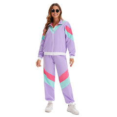 Retro 70s Women Disco Hip Hop 2 Piece Purple Sportswear Cosplay Outfits Halloween Party Suit