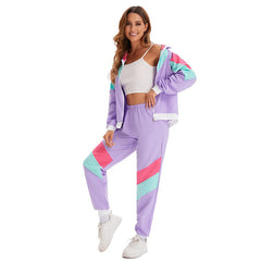 Retro 70s Women Disco Hip Hop 2 Piece Purple Sportswear Cosplay Outfits Halloween Party Suit