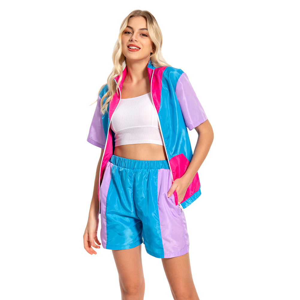 Retro 80s 2 Piece Blue and Purple Colorblocked Short Sleeve Sportwear Set For Adult Women Cosplay Costume Outfits Halloween Carnival Suit