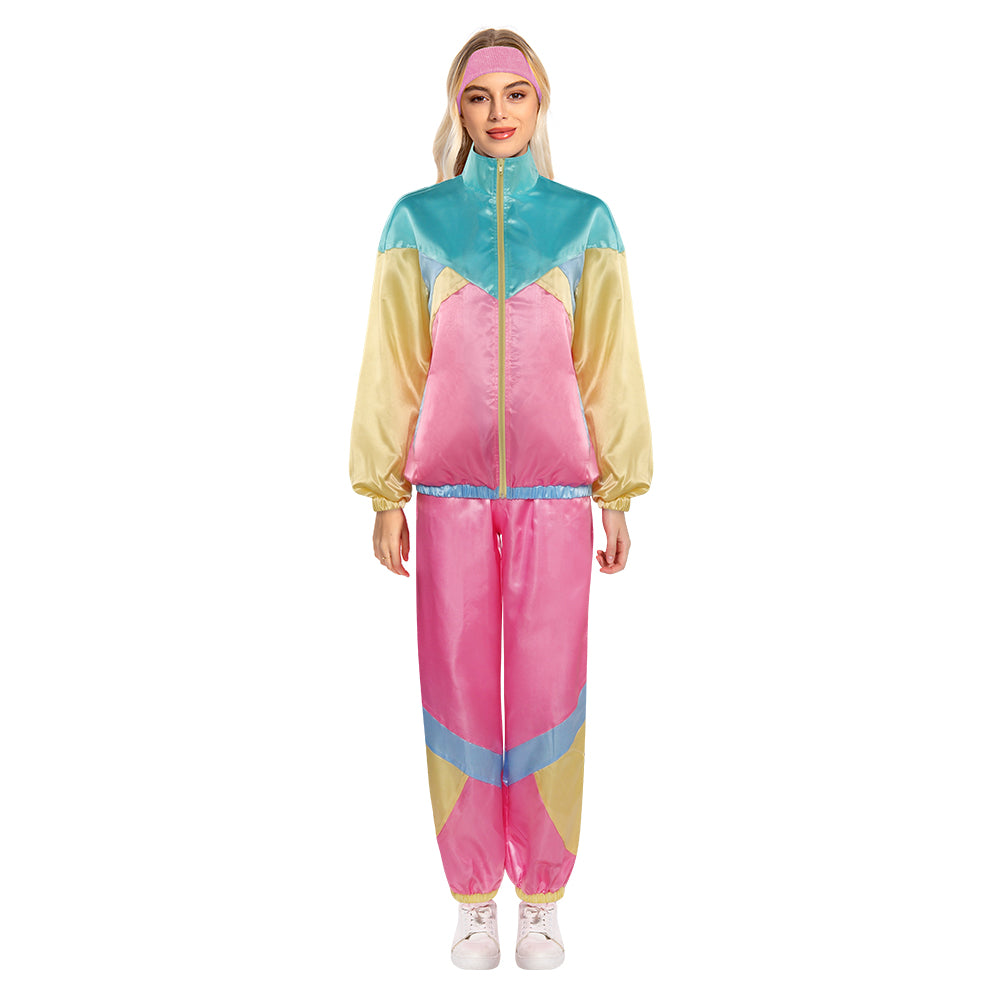 Retro 80s 2 Piece Yellow Pink Colorblocked Set Tracksuit Sportwear For Adult Women Men Cosplay Costume Outfits Halloween Carnival Party Suit
