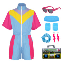 Retro 80s 90s Blue and Pink Colorblocked Vintage One Piece Sportwear Tracksuits Set Cosplay Costume Outfits Halloween Carnival Suit