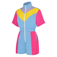 Retro 80s 90s Blue and Pink Colorblocked Vintage One Piece Sportwear Tracksuits Set Cosplay Costume Outfits Halloween Carnival Suit