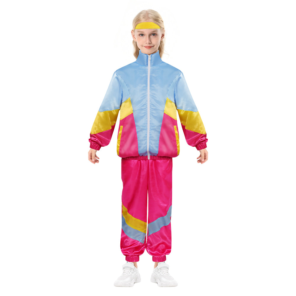 Retro 80s Blue and Rose Red Colorblocked 3 Piece Hip Hop Tracksuit Set For Kids Girls Boys Cosplay Costume Outfits Halloween Carnival Party Suit