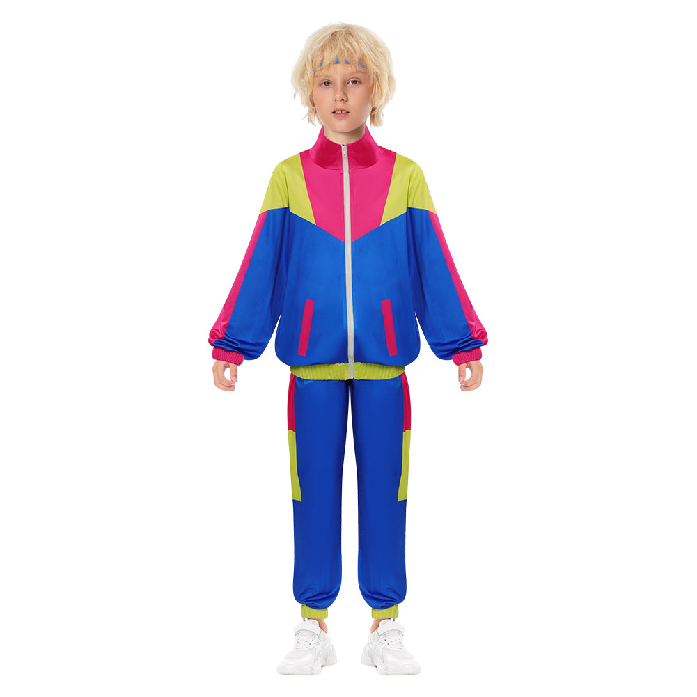 Retro 80s Hip Hop Kids Children 3 Piecs Blue Tracksuit Cosplay Outfits Halloween Party Suit