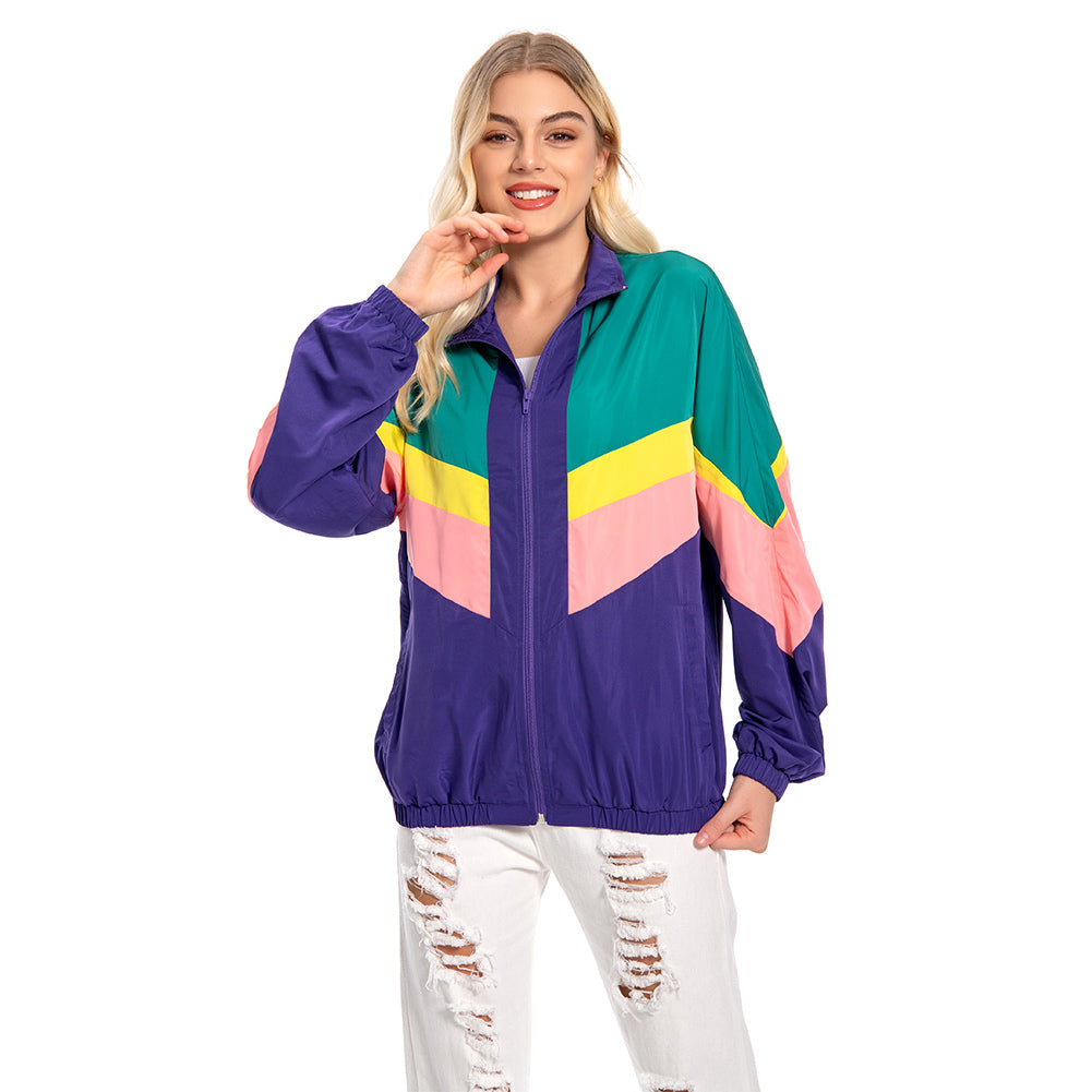 Retro 80S Hip Hop Lightweight Blue and Green Colorblocked Bomber Casual Jacket Coat For Adult Women Men Cosplay Costume Outfits Halloween Carnival Suit