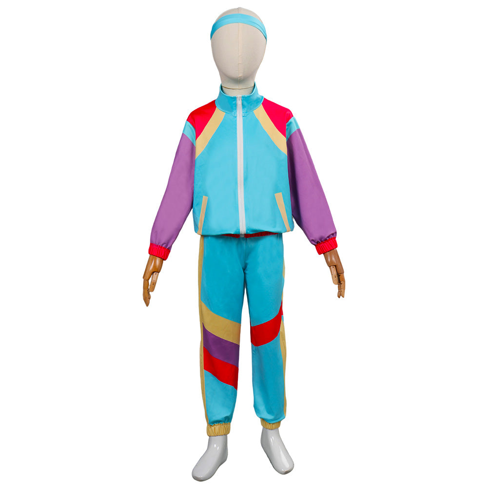 Retro 80s Kids Children Blue Sportswear 3 Piece Set Cosplay Outfits Halloween Party Shell Suit