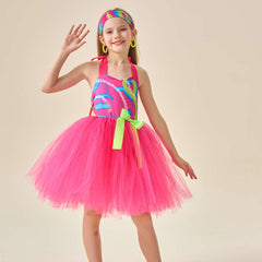 Retro 80s Kids Girls Pink Style Mesh Tutu Dress 3 Piece Set Cosplay Outfits Halloween Party Suit