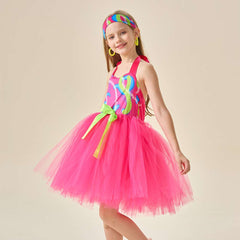 Retro 80s Kids Girls Pink Style Mesh Tutu Dress 3 Piece Set Cosplay Outfits Halloween Party Suit