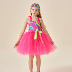 Retro 80s Kids Girls Pink Style Mesh Tutu Dress 3 Piece Set Cosplay Outfits Halloween Party Suit