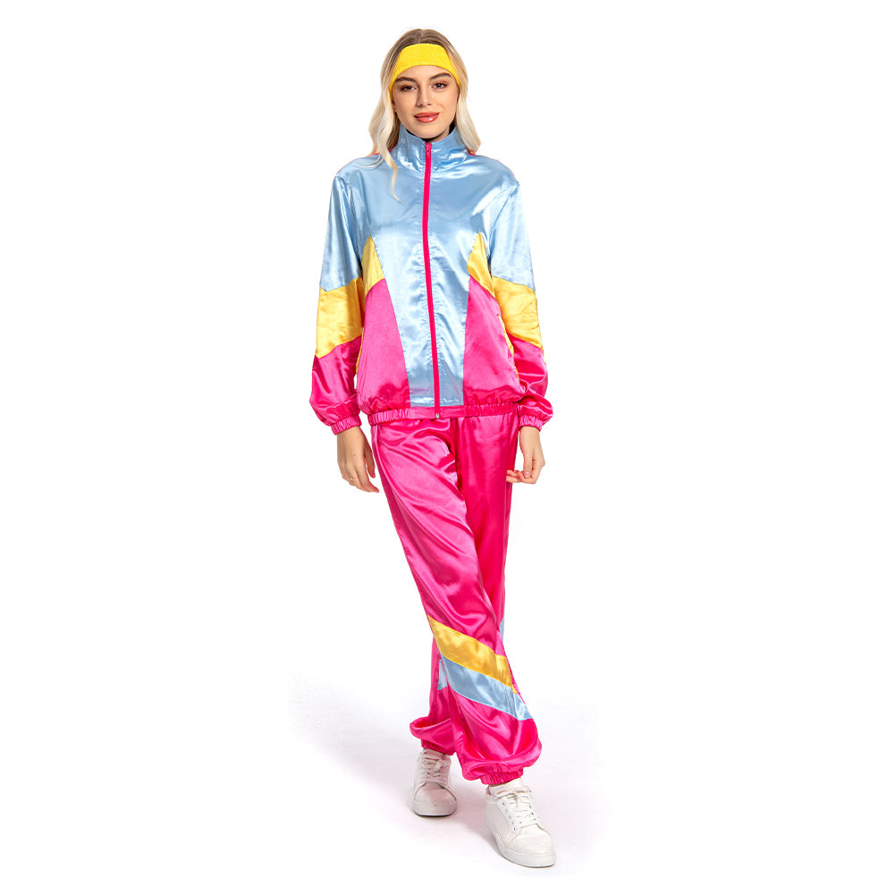 Retro 80s Rose Red Blue Colorblocked 3 Piece Legging Sportwear Jacket Pants Headband Set For Adult Women Men Cosplay Workout Costume Outfits Halloween Carnival Suit