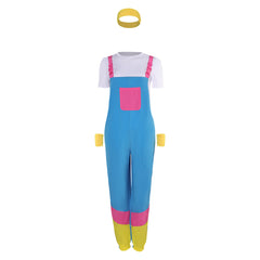 Retro 80s Women 3 Piece Set Blue Color Block Overalls Cosplay Outfits Halloween Party Suit