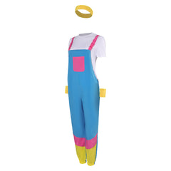 Retro 80s Women 3 Piece Set Blue Color Block Overalls Cosplay Outfits Halloween Party Suit