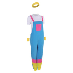 Retro 80s Women 3 Piece Set Blue Color Block Overalls Cosplay Outfits Halloween Party Suit