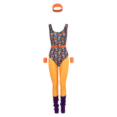 Retro 80s Women Cat Printed 6 Piece Set Orange Sportswear Cosplay Outfits Halloween Party Suit