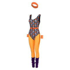 Retro 80s Women Cat Printed 6 Piece Set Orange Sportswear Cosplay Outfits Halloween Party Suit