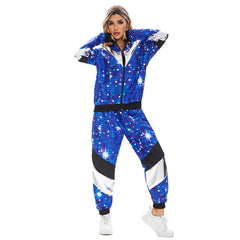 Retro 80s Women Disco Hip Hop Blue Starry Nights Color Block 2 Piece Sportswear Tracksuit Cosplay Outfits Halloween Party Suit