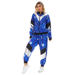 Retro 80s Women Disco Hip Hop Blue Starry Nights Color Block 2 Piece Sportswear Tracksuit Cosplay Outfits Halloween Party Suit