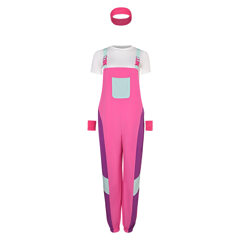 Retro 80s Women Rose Pink Overalls 3 Piece Set Cosplay Outfits Halloween Party Suit