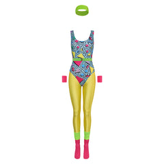 Retro 80s Women Yellow Sportswear Bodysuit 6 Piece Set Cosplay Outfits Halloween Party Suit