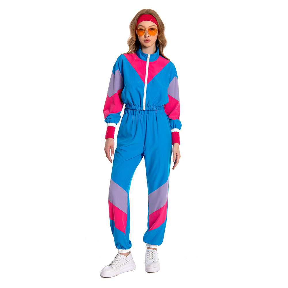 Retro 80s Workout 7 Piece Set for Adult Halloween Cosplay Costume Blue Hip Hop Outfits Halloween Carnival Suit