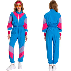 Retro 80s Workout 7 Piece Set for Adult Halloween Cosplay Costume Blue Hip Hop Outfits Halloween Carnival Suit