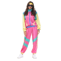 Retro Disco 80s 90s Women Pink Color Block 3 Piece Sportswear Headscarf Set Cosplay Outfits Halloween Party Suit