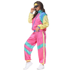 Retro Disco 80s 90s Women Pink Color Block 3 Piece Sportswear Headscarf Set Cosplay Outfits Halloween Party Suit