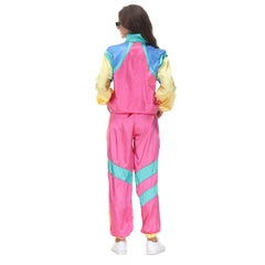 Retro Disco 80s 90s Women Pink Color Block 3 Piece Sportswear Headscarf Set Cosplay Outfits Halloween Party Suit