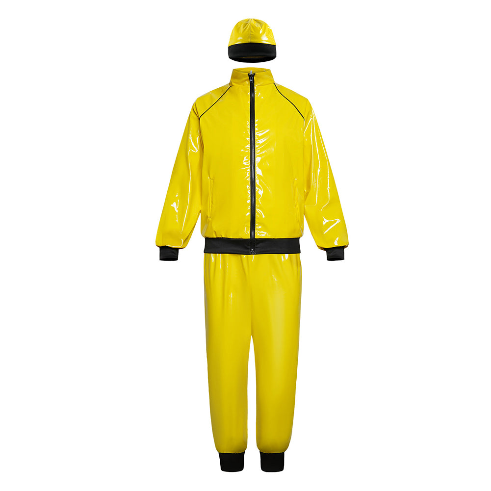 Retro Disco Yellow Patent Leather 3 Piece Set Cosplay Outfits Halloween Party Suit