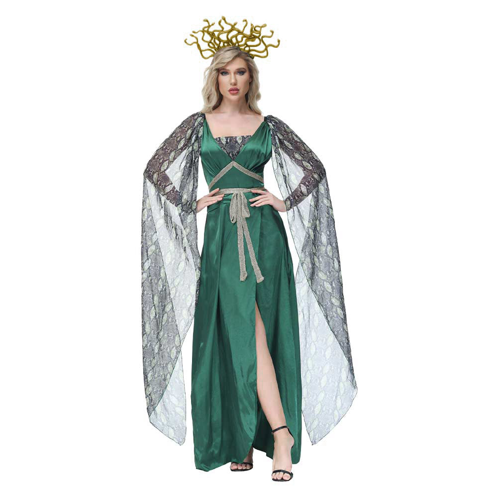 Retro Greek Goddess Medusa Women Green Mesh Dress Cosplay Outfits Halloween Party Suit