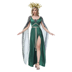 Retro Greek Goddess Medusa Women Green Mesh Dress Cosplay Outfits Halloween Party Suit