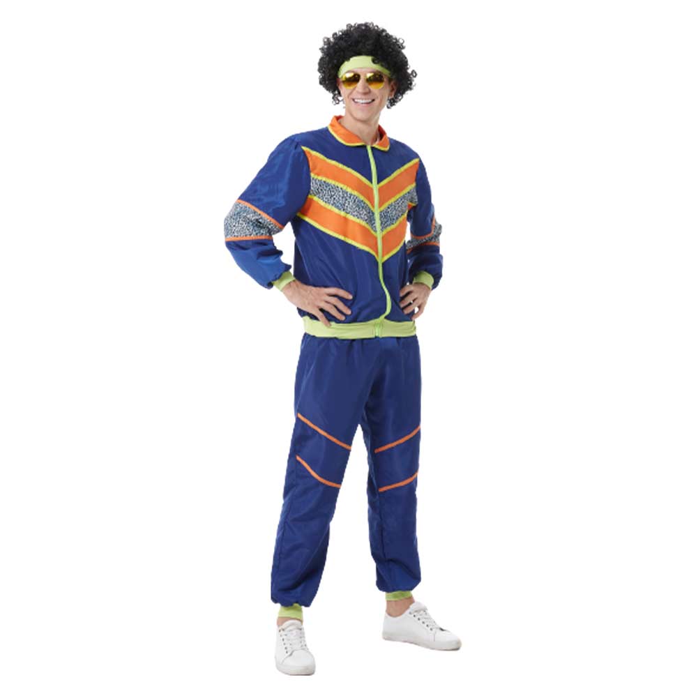 Retro Hip Hop Disco Men's Blue Jacket Pants Headband Sprotwear Outfits Cosplay Halloween Carnival Suit