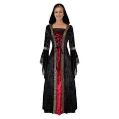 Retro Medieval Ages Women Hooded Cloak Red and Black Robe Lace Dress Cosplay Costume Outfits Halloween Carnival Suit